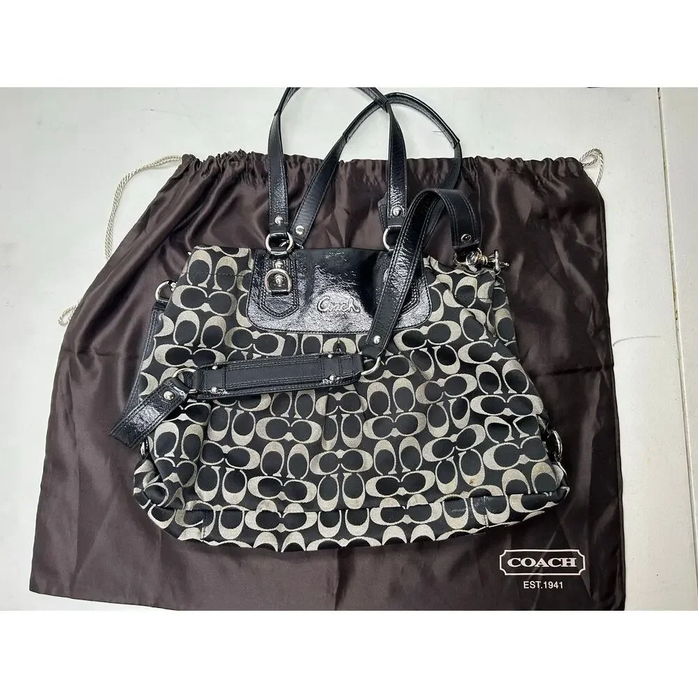 Coach Ashley Signature Canvas Handbag in Black and Gray.